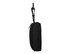 A black zippered pouch with a clip attached, hanging from a hook.