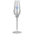 A clear glass champagne flute featuring a printed logo. Tall and slender design with a curved bowl.
