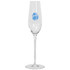 A champagne flute in clear glass with a blue logo design on the front.