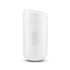 A white reusable coffee cup with a lid and a logo, designed for hot beverages.