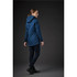 A woman's navy blue quilted puffer jacket with a hood, featuring a brand logo, displayed from the back.
