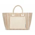 A striped tote bag in beige and cream featuring two handles and a front pocket. Branding is present on the bag.