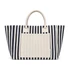 A navy and cream striped tote bag with two sturdy handles and a front pocket. It features a branding logo.