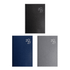 Three A5 diaries in black, navy, and grey, featuring a textured cover and a logo on the front.
