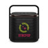 A compact black Bluetooth speaker with a handle and a colourful logo on the front.