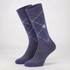 A pair of purple equestrian socks featuring a diamond pattern and a branding logo.