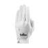 A white golf glove with perforations and a logo on the strap.