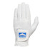 A white golf glove featuring a branded patch and perforations for breathability.