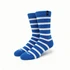 Blue and white striped heavy cotton work socks with a logo on the cuff.