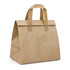 A tan cooler bag with two sturdy handles and decorative stitching, featuring a logo on the front.