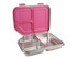 A bento lunch box with a metallic silver body and a pink lid, featuring three compartments inside.