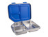 A blue and silver bento lunch box with three compartments, featuring a stainless steel design and a hinged lid.