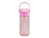 A drink bottle in pink and clear with a handle and a flip-top lid, featuring a logo on the side.