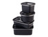 Four black stainless steel rectangular containers stacked with matching lids, featuring a logo on the side.