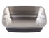 A rectangular stainless steel container in silver and black, designed for microwave use, with a clean interior.