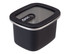 A black rectangular stainless steel container with a transparent lid and a handle, featuring a brand logo.