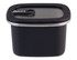 A rectangular stainless steel container in black with a clear lid and a silicone seal. It features a logo.