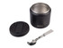 A food flask with a matte black exterior, a quick release lid, and a stainless steel spork. It has a logo present.