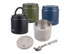 A drink bottle and food flask in various colours: black, olive green, navy blue, and beige, with a lid and spork included.