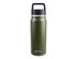 A drink bottle in olive green with a black spout and handle, featuring a logo on the front.