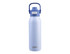 A drink bottle in light blue with a darker blue lid and a brand logo on the side. Features a dual spout.