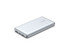 A silver power bank with two USB ports and a logo, featuring a sleek design and indicator lights.