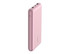 A pink power bank with dual USB ports and a built-in indicator light, featuring a branding logo.