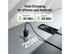 A black 25W wall charger with a cable connected to a smartphone on a sleek surface, featuring a logo.