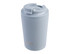 A light blue insulated coffee cup with a lid and a logo, designed for travel use.