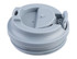 A grey insulated coffee cup lid featuring a sliding opening mechanism. Includes a logo on the surface.