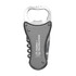 A drink bottle opener in grey featuring a metallic bottle opener, corkscrew, and knife blade, with a logo.