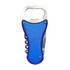 A drink bottle opener multi-tool with a blue plastic handle, metal bottle opener, and corkscrew feature.