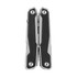 A silver and black multifunction tool featuring multiple tools in a compact, foldable design and a logo.