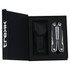 A multifunction tool in a black box, featuring a silver and black design, accompanied by a protective pouch.