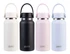 A drink bottle assortment featuring white, black, pink, and blue colours, each with a handle and a logo.