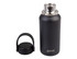 A drink bottle in matte black with a stainless steel cap and a carrying handle. It features a logo.