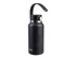 A drink bottle in matte black, featuring a stainless steel cap and a carrying strap. It includes a logo.