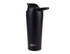 A drink bottle featuring a sleek black design, with a flip-top lid and a logo on the side.