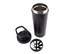 A drink bottle featuring a black exterior, a removable lid, and a blending insert, with a logo displayed.