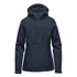 A women's navy softshell jacket with a hood, featuring zippered pockets and a logo.