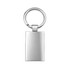 A silver keytag with a rectangular frame and a keyring attachment. The surface is smooth and reflective.