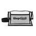 A clear cosmetic bag with a black mesh compartment and a black handle, featuring a logo on the front.