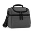 A grey cooler bag with a zippered top, carrying handle, and adjustable strap. It has a simple design and a logo.