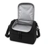 A black cooler bag with a silver interior, featuring a zippered top and adjustable shoulder strap.