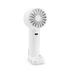 A white rechargeable fan with a circular head and a charging base, featuring a small multi-port at the back.