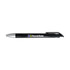 A gel ink pen in black with a silver tip, featuring a logo on the barrel.