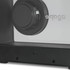A black speaker with a circular driver, featuring a minimalistic design and a visible logo.