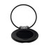 A black circular phone grip and stand with a hinged design, featuring a reflective surface inside.