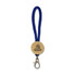 A blue keytag with a wooden circular attachment featuring a logo and a metal clip.
