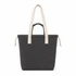 A dark grey tote bag with light beige straps and drawstring closures, featuring a simple design and a logo.